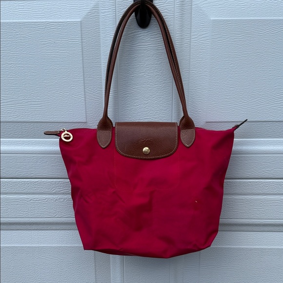 Longchamp Handbags - Longchamp Rose Pink Nylon Le Pliage Tote with Brown Leather Trim